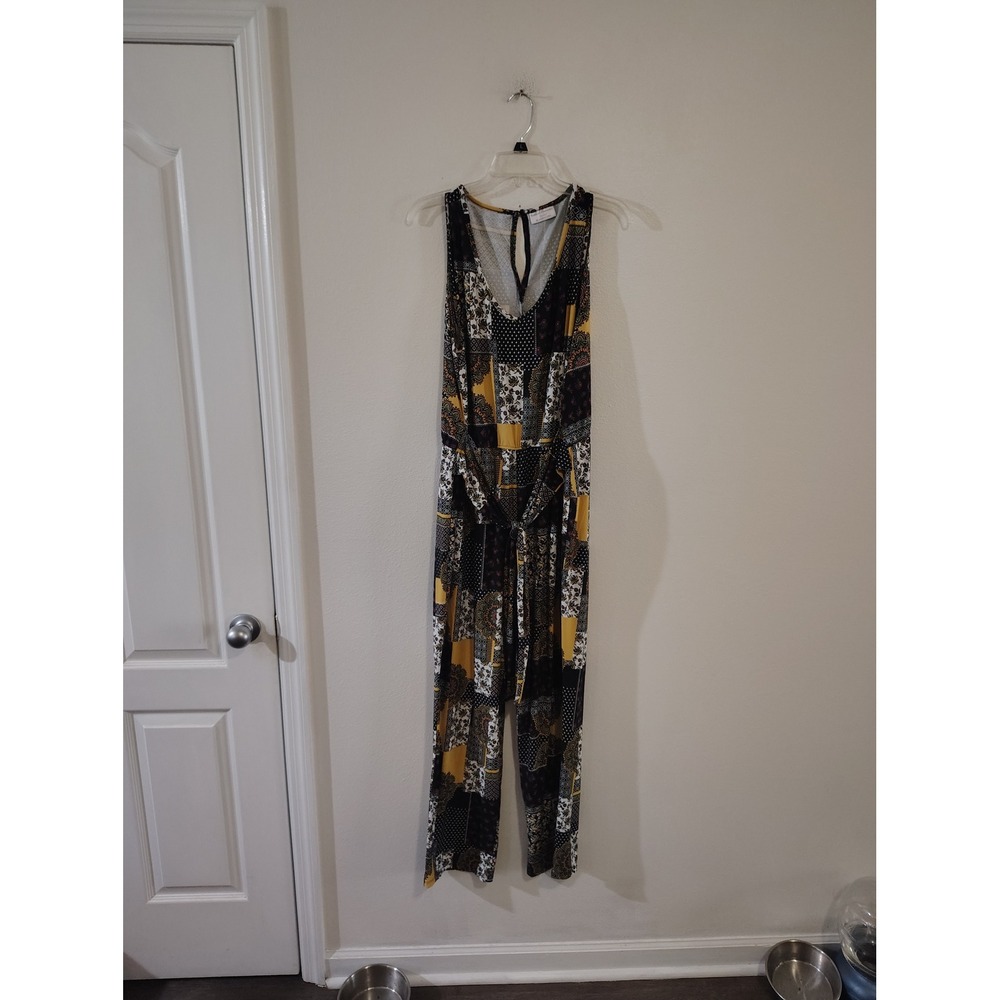 Bobbie Brooks Womens XL Patchwork Paisley Sleeveless Jumpsuit‎ Yellow Black Boho